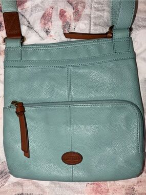 Fossil Teal Leather Crossbody with Brown Trim